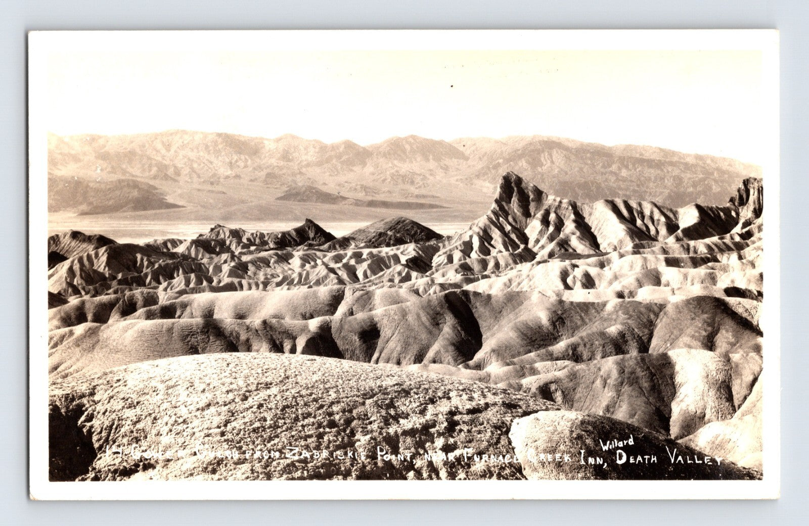 Real photo postcard view of Gower Gulch and Zabriskie Point Death Valley California 1930s desert landscape