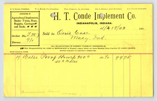 Indianapolis Indiana H T Conde Implement Company agricultural implements 1903 billhead