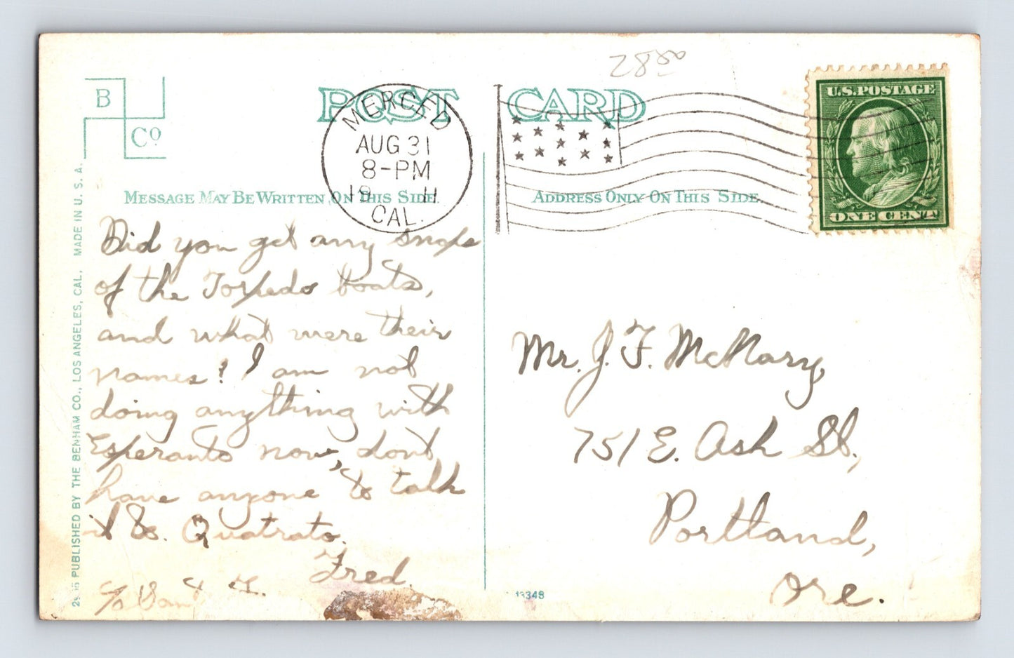 Merced California City Hall Fire Company House 1911 Postcard Posted Divided Back