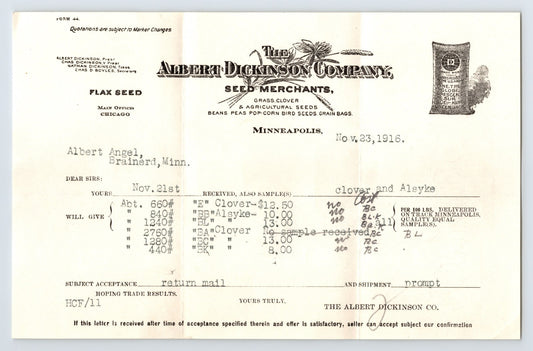 Minneapolis Minnesota 1916 Albert Dickinson Company seed merchants billhead with agricultural branding and typed seed order details