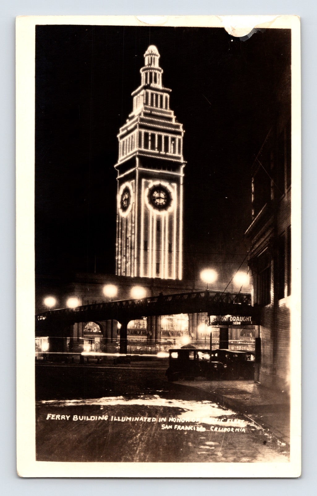 San Francisco California Ferry Building Illuminated Night Scene 1930s Photo 3.5 x 6