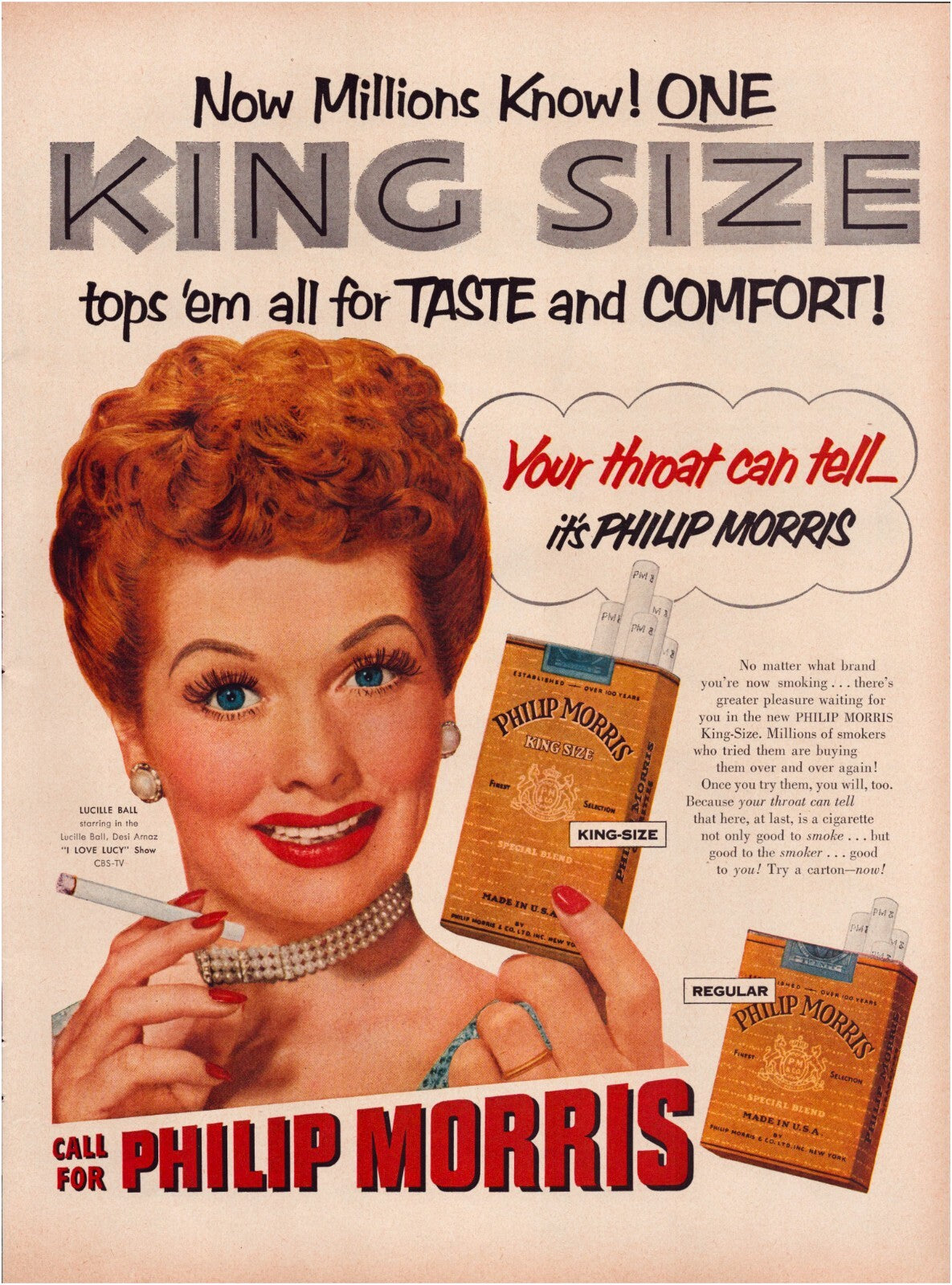 Philip Morris cigarettes 1953 print ad Lucille Ball King Size cigarettes advertisement magazine page