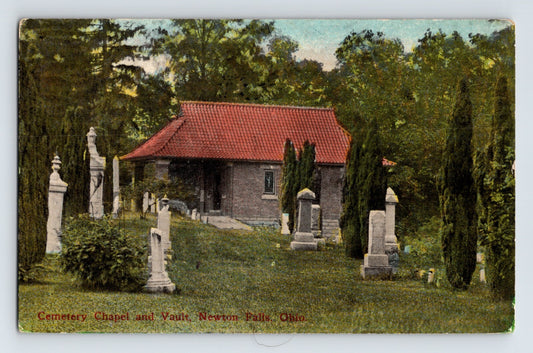 Newton Falls Ohio cemetery chapel and vault with gravestones 1915 postcard