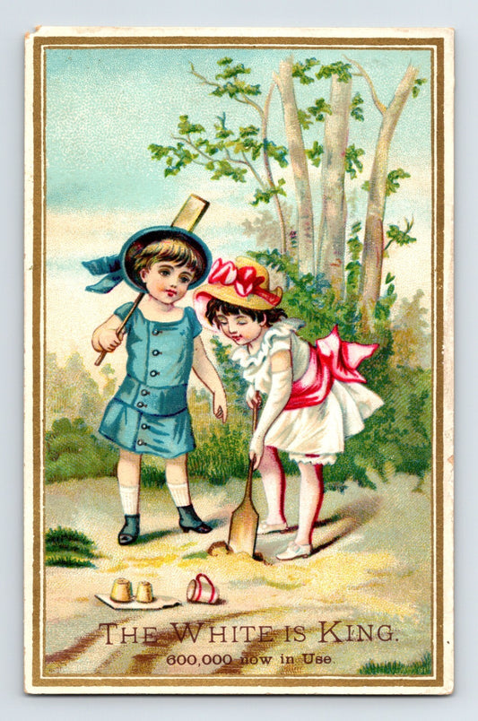 White Sewing Machine Victorian trade card children sand play illustration 1890s advertising card