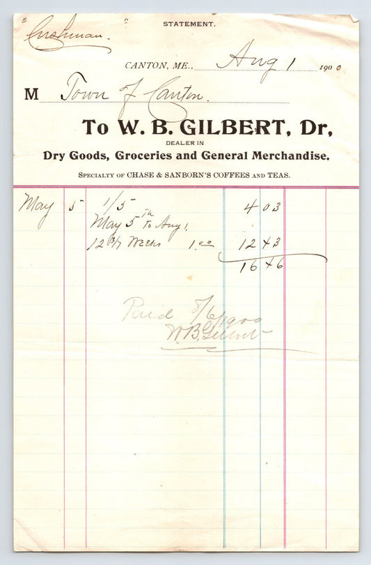 Canton Maine W B Gilbert billhead 1900 dry goods grocery ledger with handwritten entries and ruled columns