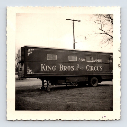 1955 King Bros Circus trailer photo showing a decorated 35th annual tour wagon with large painted circus lettering - 3.5 x 3.5