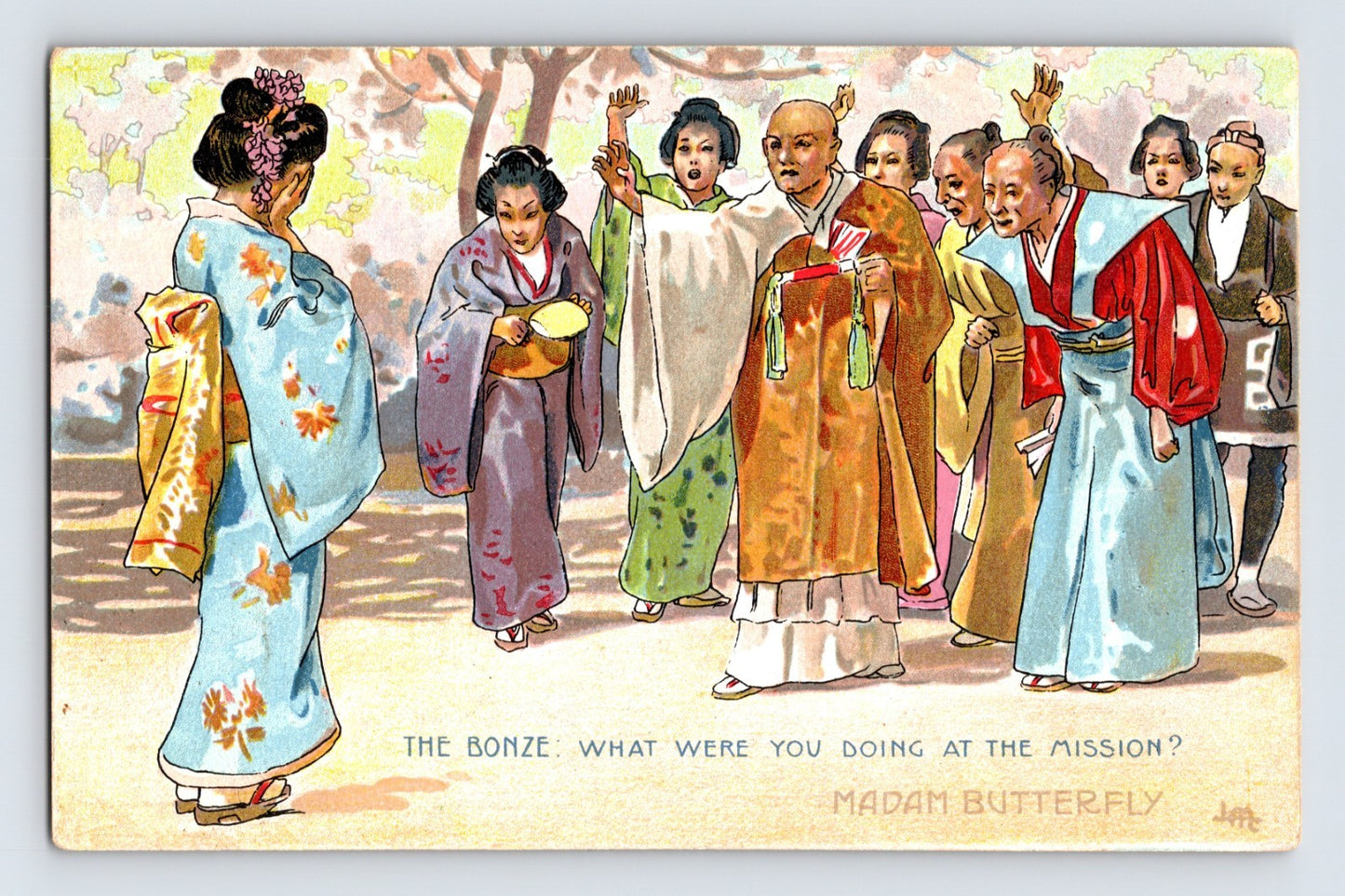 Illustrated Madam Butterfly opera postcard showing the Bonze confronting Cio-Cio-San in a colorful garden scene