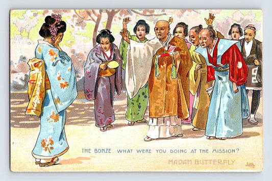 Illustrated Madam Butterfly opera postcard showing the Bonze confronting Cio-Cio-San in a colorful garden scene