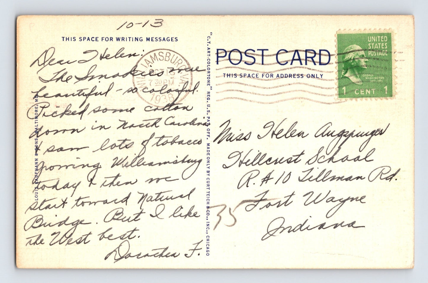 Williamsburg Virginia William and Mary College Stadium 1938 Postcard Posted