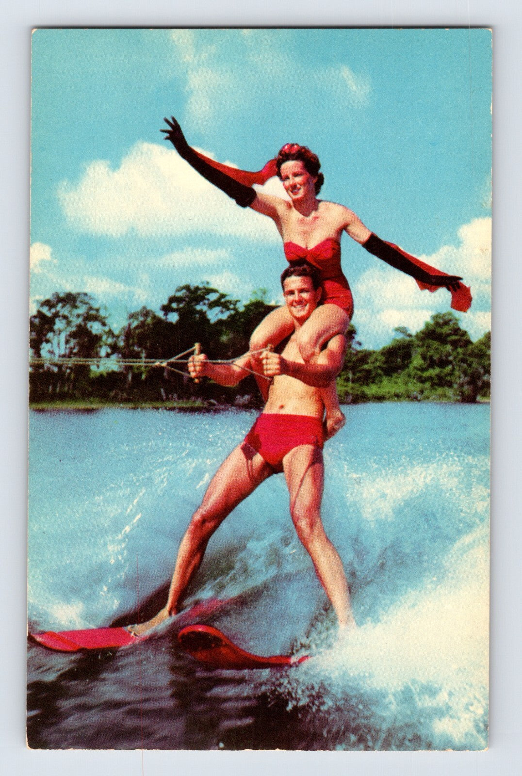 Cypress Gardens Florida water skiing stunt pair red swimsuits 1960s chrome postcard performance lake show