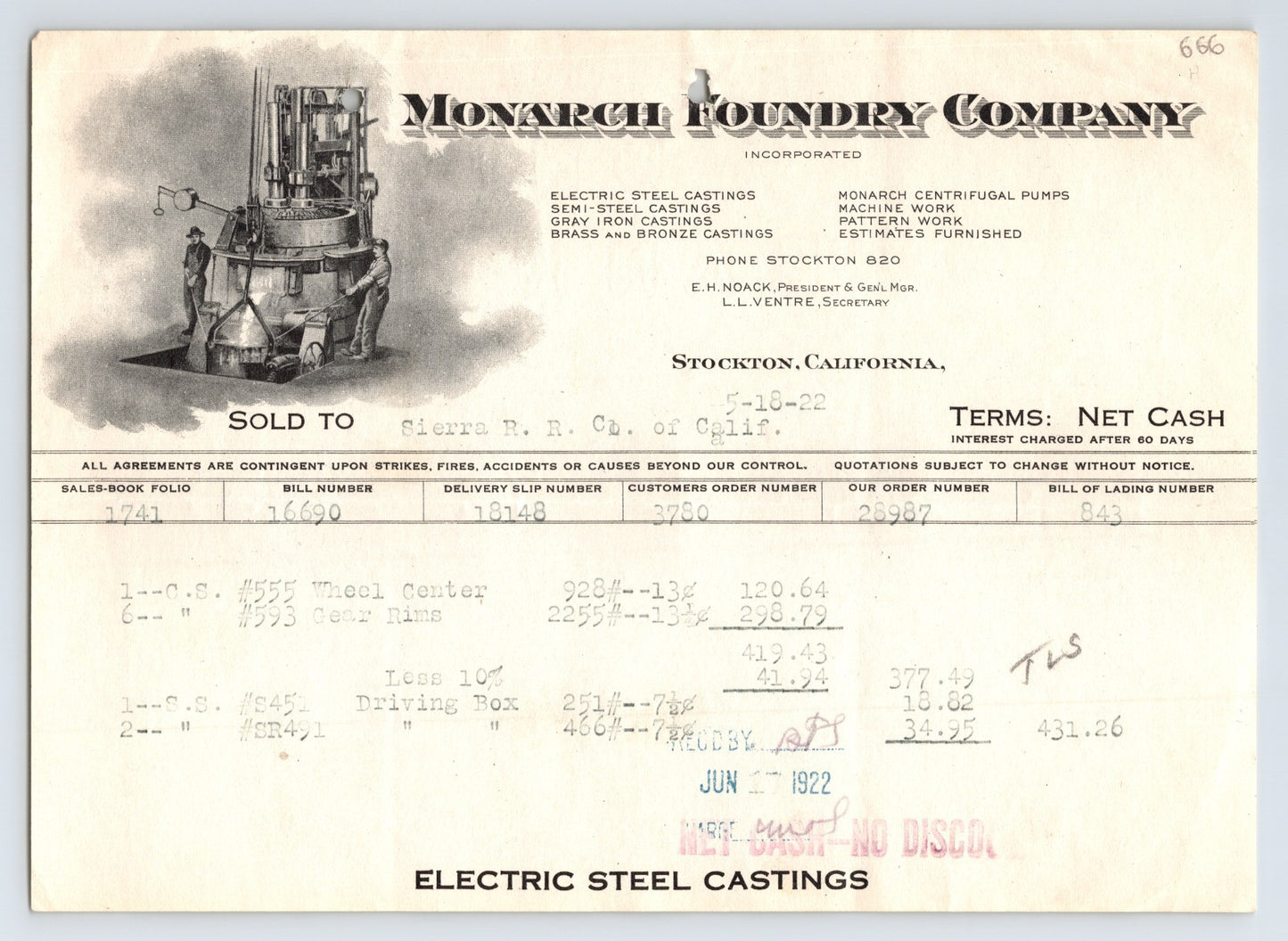 Stockton California 1922 Monarch Foundry Sierra Railroad Billhead 8 x 5.5