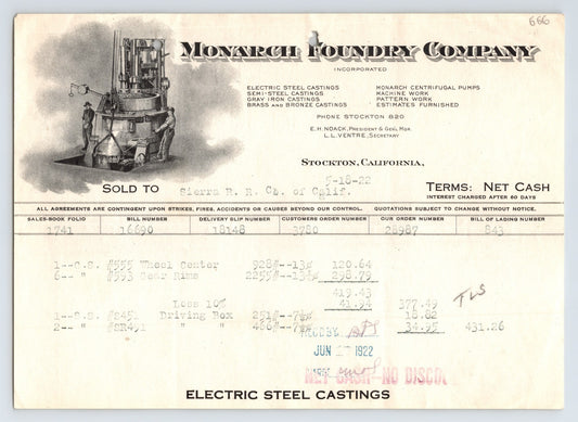 Stockton California 1922 Monarch Foundry Sierra Railroad Billhead 8 x 5.5