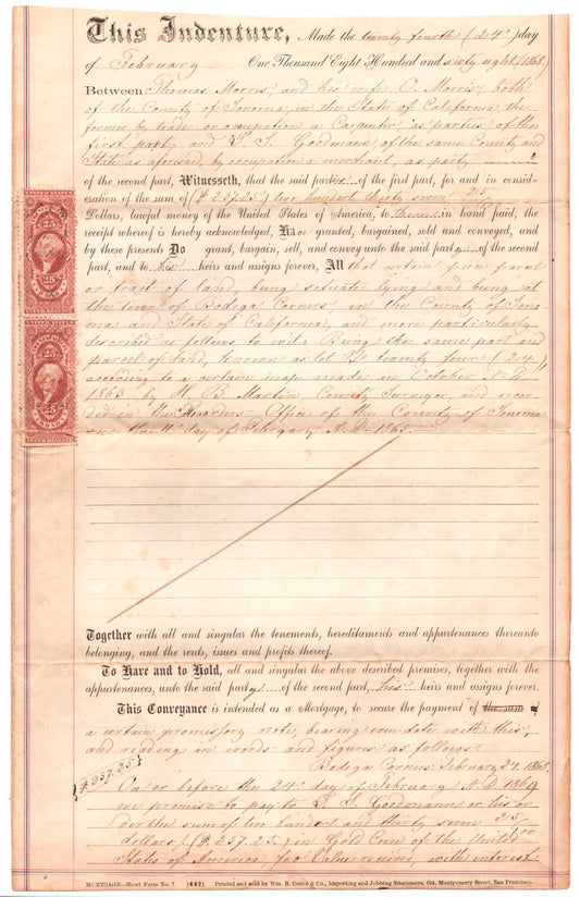 1868 Sonoma County California property deed with handwritten land transfer text and red federal revenue stamp on indented legal document