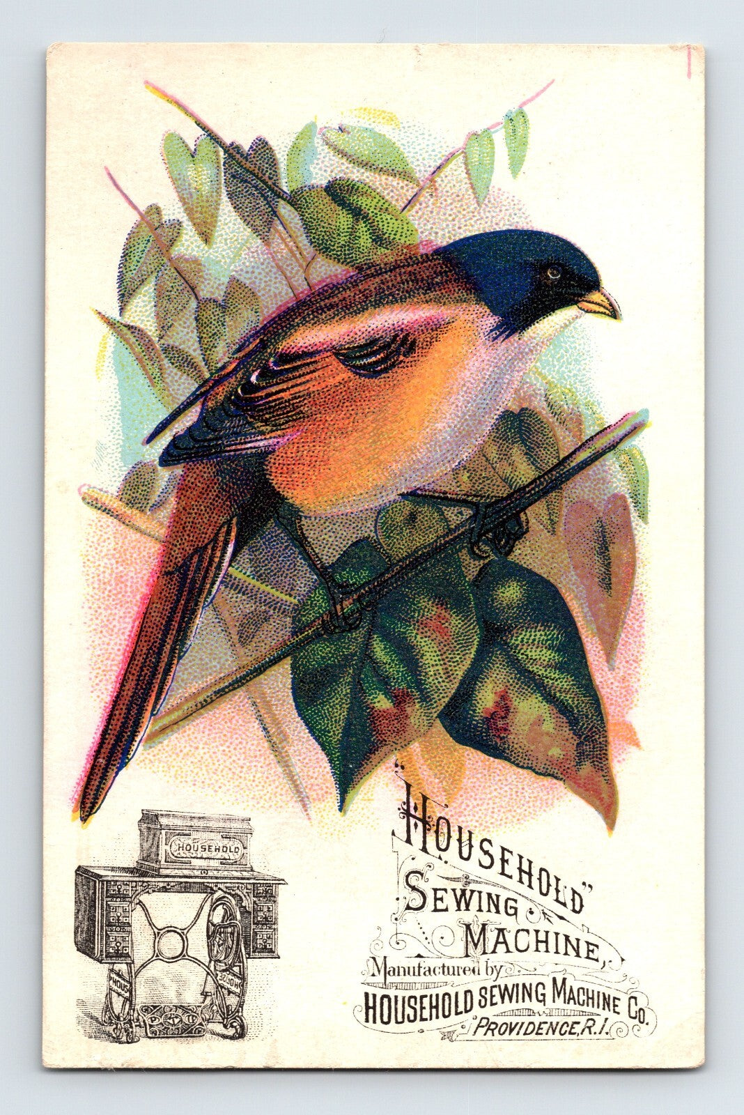 Household Sewing Machine bird illustration Yellow Chat Victorian trade card 1890s
