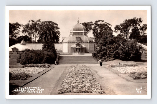 San Francisco Golden Gate Park Conservatory of Flowers glass dome garden walkway 1940s RPPC EKC