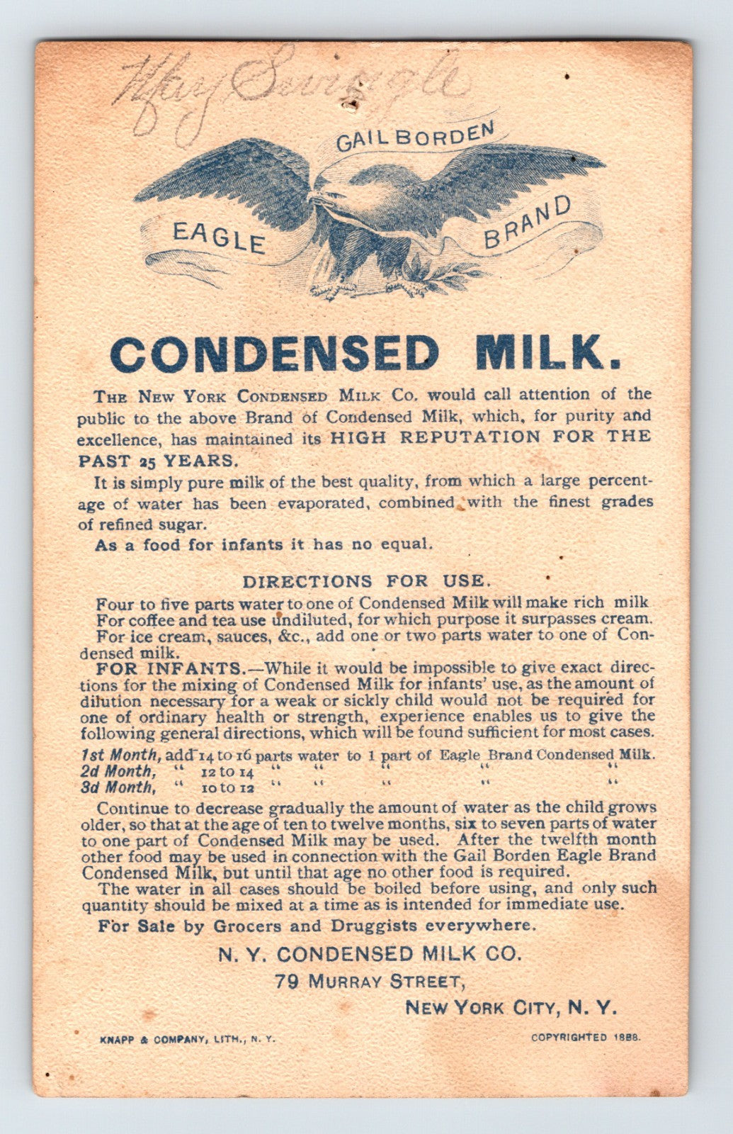 Gail Borden Eagle Condensed Milk Girl Doll 1890s Victorian Trade Card 3.5 x 5.5