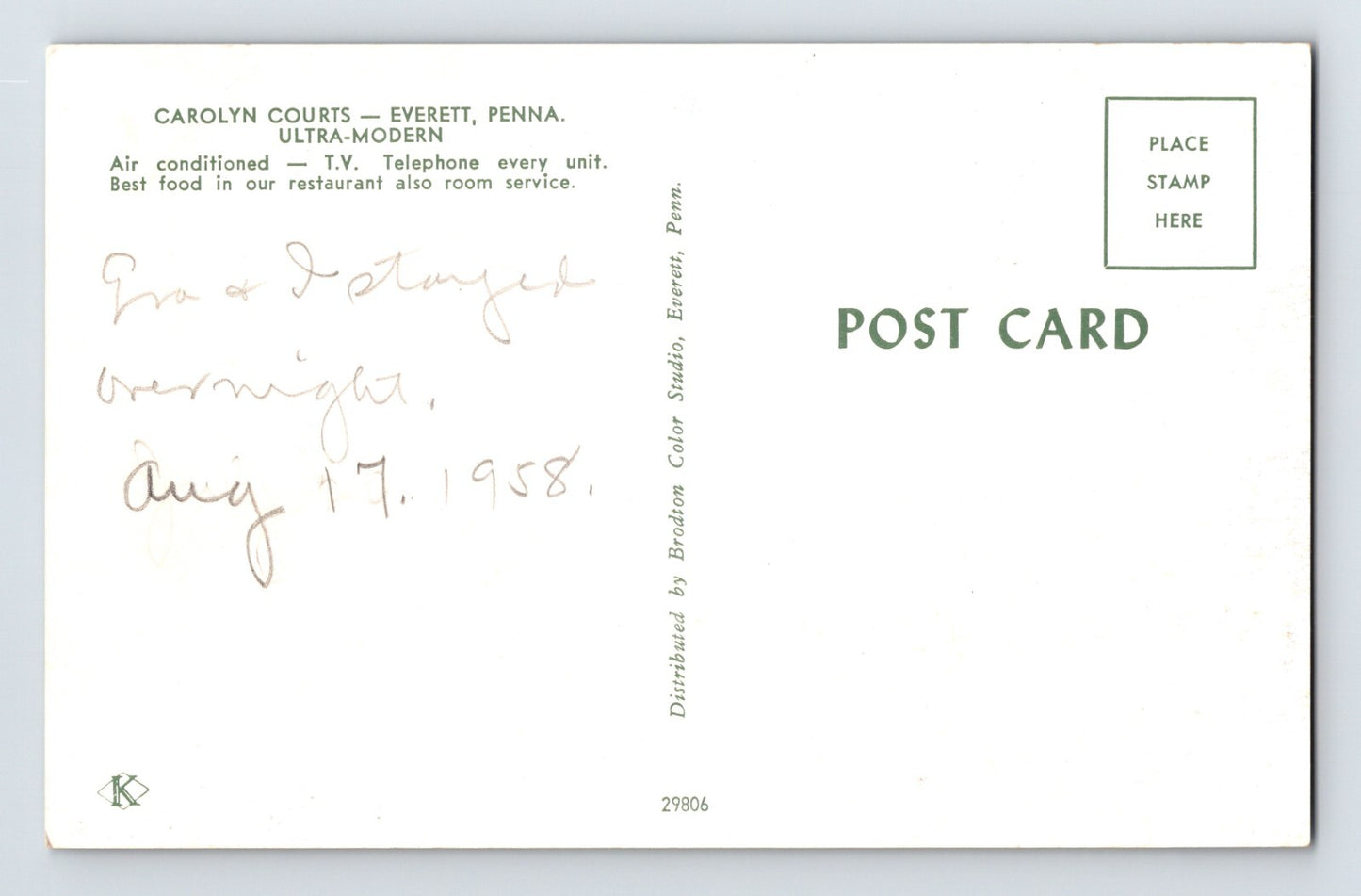Everett Pennsylvania Carolyn Court Motel Plymouth Car 1960s Postcard Unposted