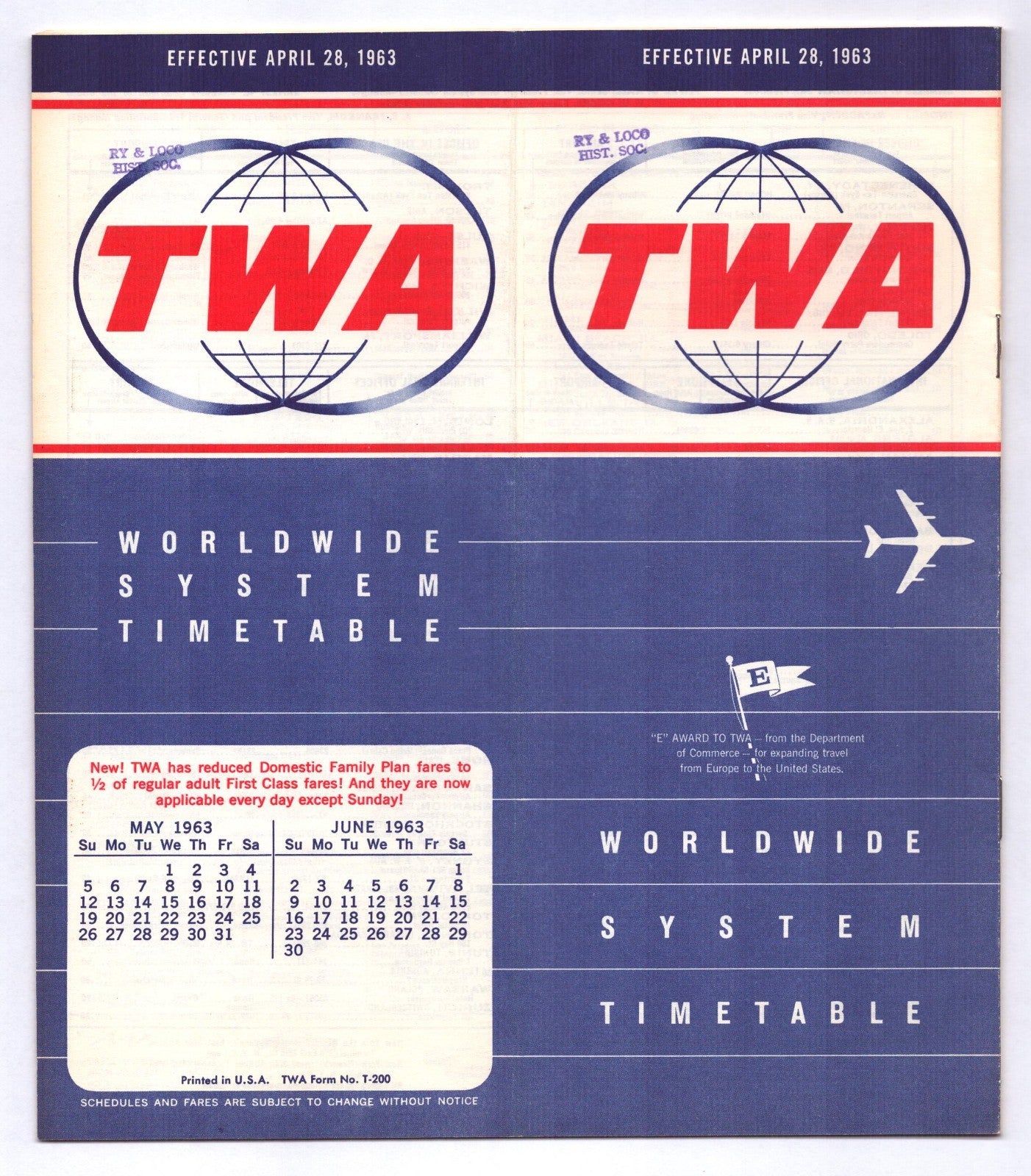 TWA Trans World Airlines 1963 worldwide system timetable brochure cover blue globe design
