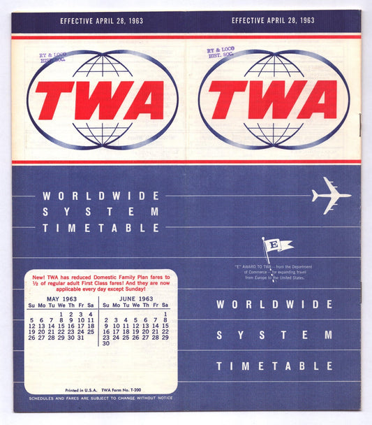 TWA Trans World Airlines 1963 worldwide system timetable brochure cover blue globe design