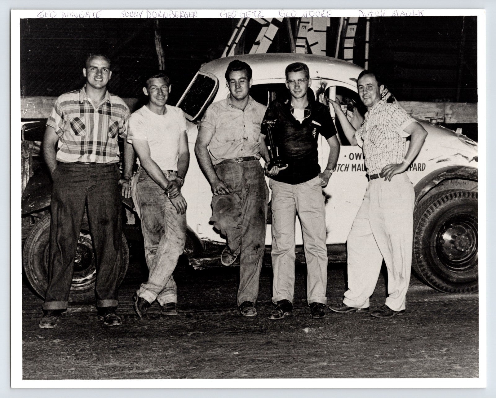Stock car racing pit crew group mid 1950s dirt track photo