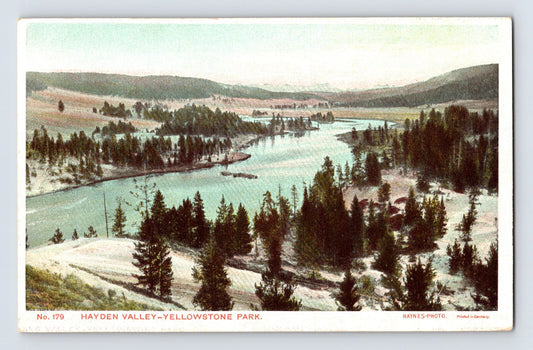 1930s Hayden Valley Yellowstone National Park Wyoming river landscape with pine forest meadows and rolling hills Haynes No 179 unposted postcard