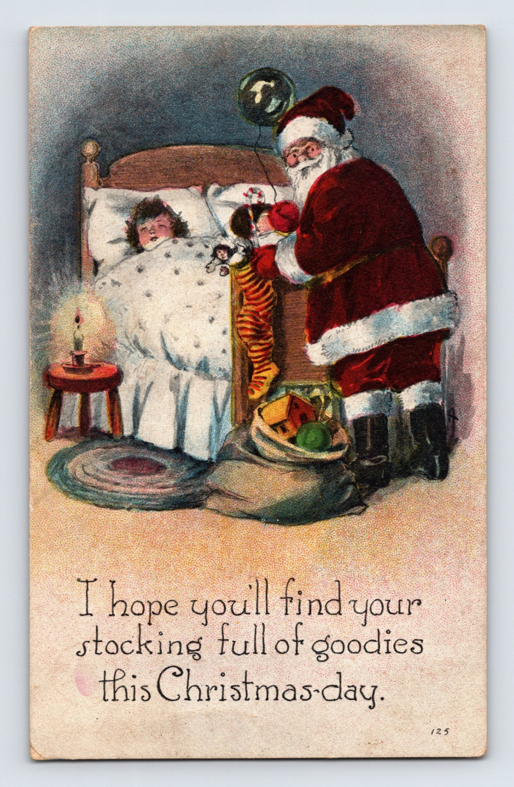 Santa Claus filling a child’s stocking beside a bed while the child sleeps under blankets in a candlelit bedroom scene.