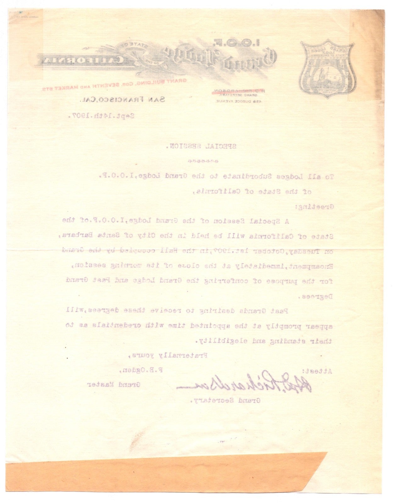 San Francisco California 1907 IOOF Grand Lodge Letterhead Odd Fellows 8.5 x 11