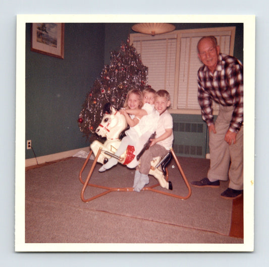 Three Children Rocking Horse Grandpa Christmas Tree 1960 Photo - 3 x 3