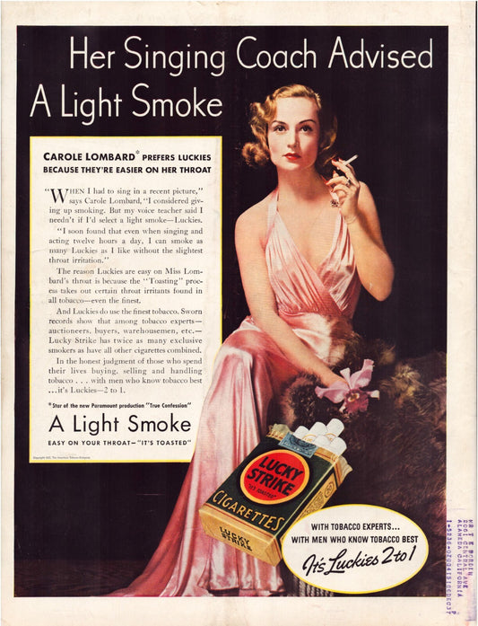 1937 Lucky Strike cigarette advertisement featuring Carole Lombard in satin gown holding cigarette with Light Smoke slogan