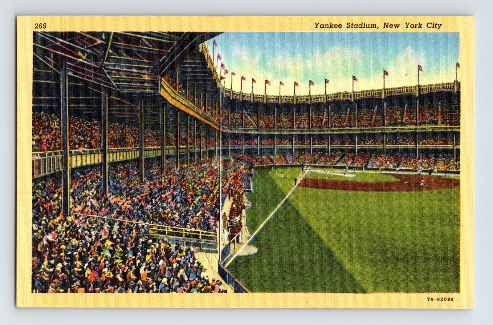 New York City Yankee Stadium baseball game interior view crowded grandstands 1940s linen postcard