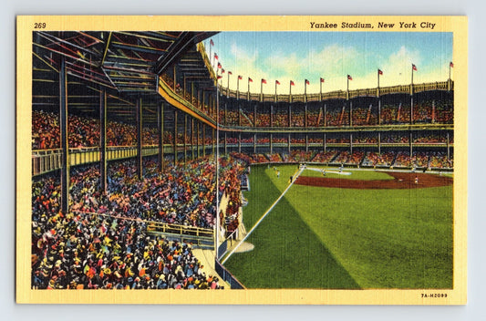 New York City Yankee Stadium baseball game interior view crowded grandstands 1940s linen postcard
