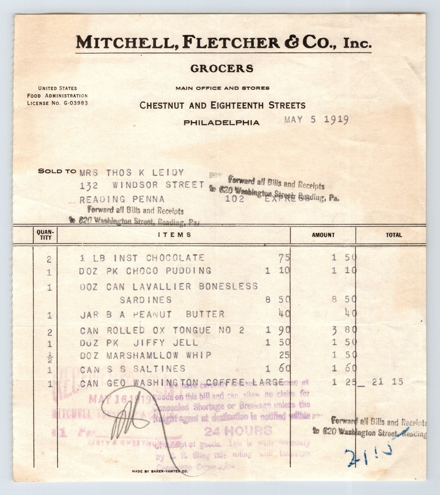 Mitchell Fletcher Co Philadelphia 1919 grocers invoice billhead itemized food list