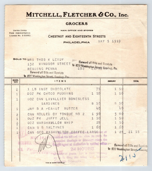 Mitchell Fletcher Co Philadelphia 1919 grocers invoice billhead itemized food list