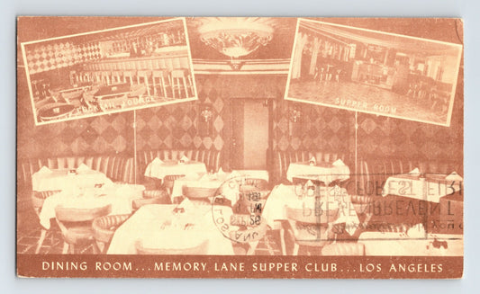 Sepia postcard interior of Memory Lane Supper Club dining room Los Angeles California 1949