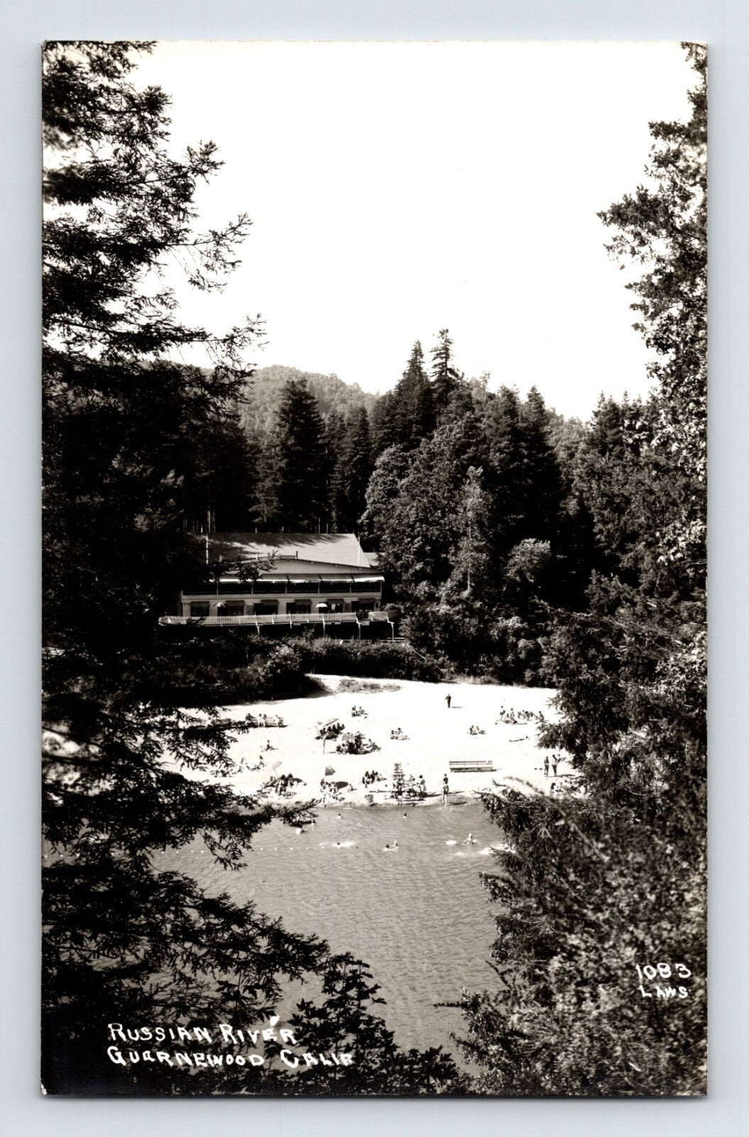 Russian River Guerneville California RPPC 1940s riverside lodge beach scene EKC