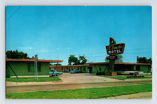 Okmulgee Oklahoma New El Rancho Motel 1960s postcard with roadside motor court buildings and large neon-style sign chrome finish