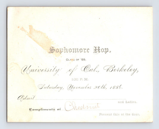 University of California Berkeley Sophomore Hop Dance Invitation 1886 4.5 x 3.75