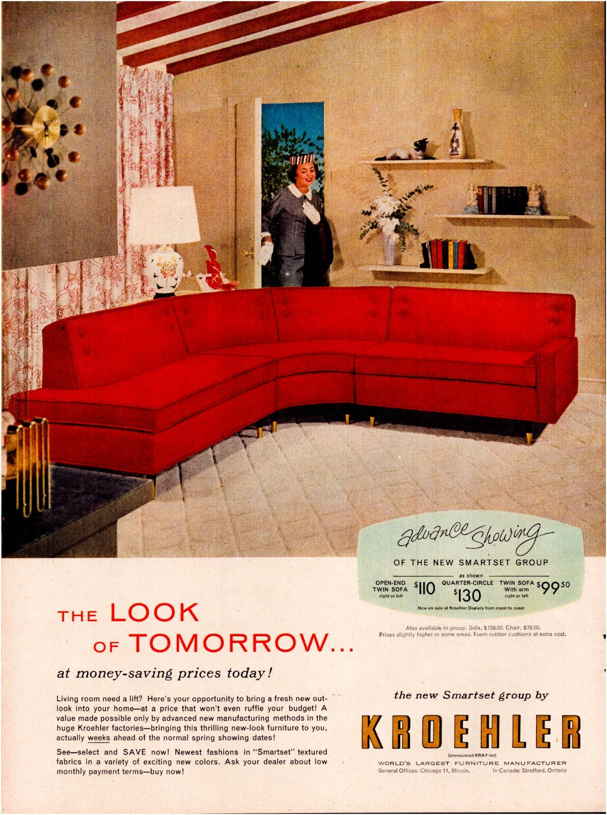 Kroehler 1956 mid century modern living room red sectional sofa starburst clock print ad