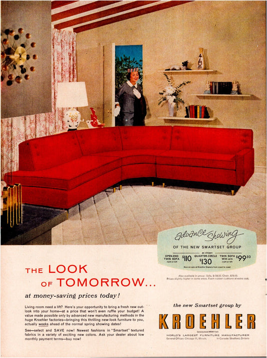 Kroehler 1956 mid century modern living room red sectional sofa starburst clock print ad