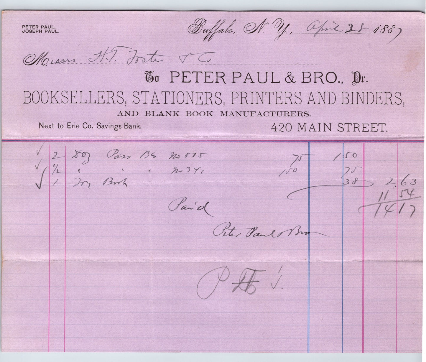 Buffalo New York 1887 Peter Paul Booksellers Stationers Billhead - 8.5 x 7