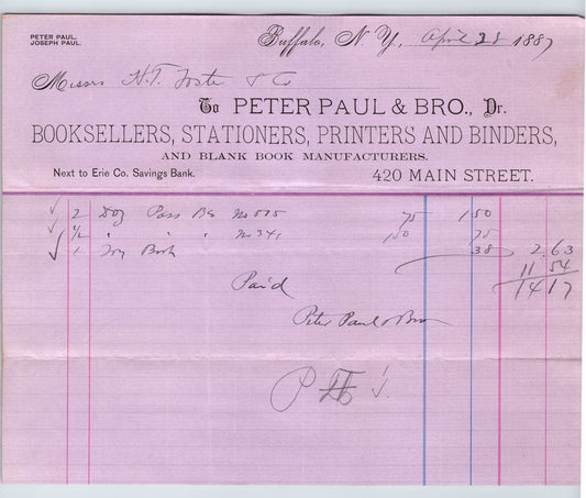 Buffalo New York 1887 Peter Paul Booksellers Stationers Billhead - 8.5 x 7