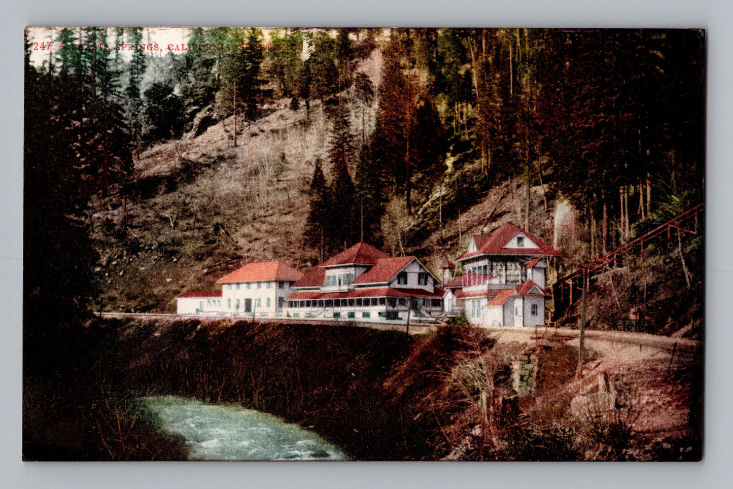 Mount Shasta California springs clubhouse river forest hillside 1909 postcard