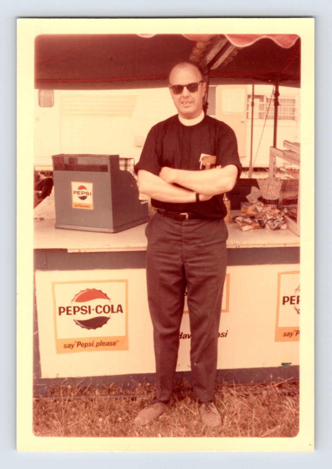Mills Bros Circus 1960s Pepsi Cola concession stand vendor wearing clerical collar photograph
