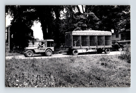 Clyde Beatty Circus 1953 animal cage wagon jeep roadside transport vintage photo