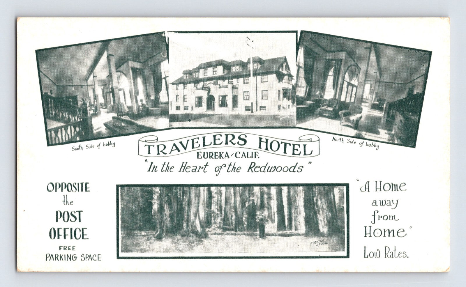Eureka California Travelers Hotel promotional postcard with exterior view, lobby interiors, and redwood forest scene, 1910s divided back