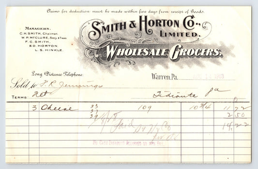 Warren Pennsylvania Smith Horton Wholesale Grocers 1903 billhead invoice