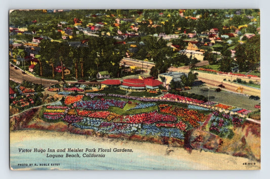 Laguna Beach California Victor Hugo Inn Heisler Park Floral Gardens 1940s Linen Postcard