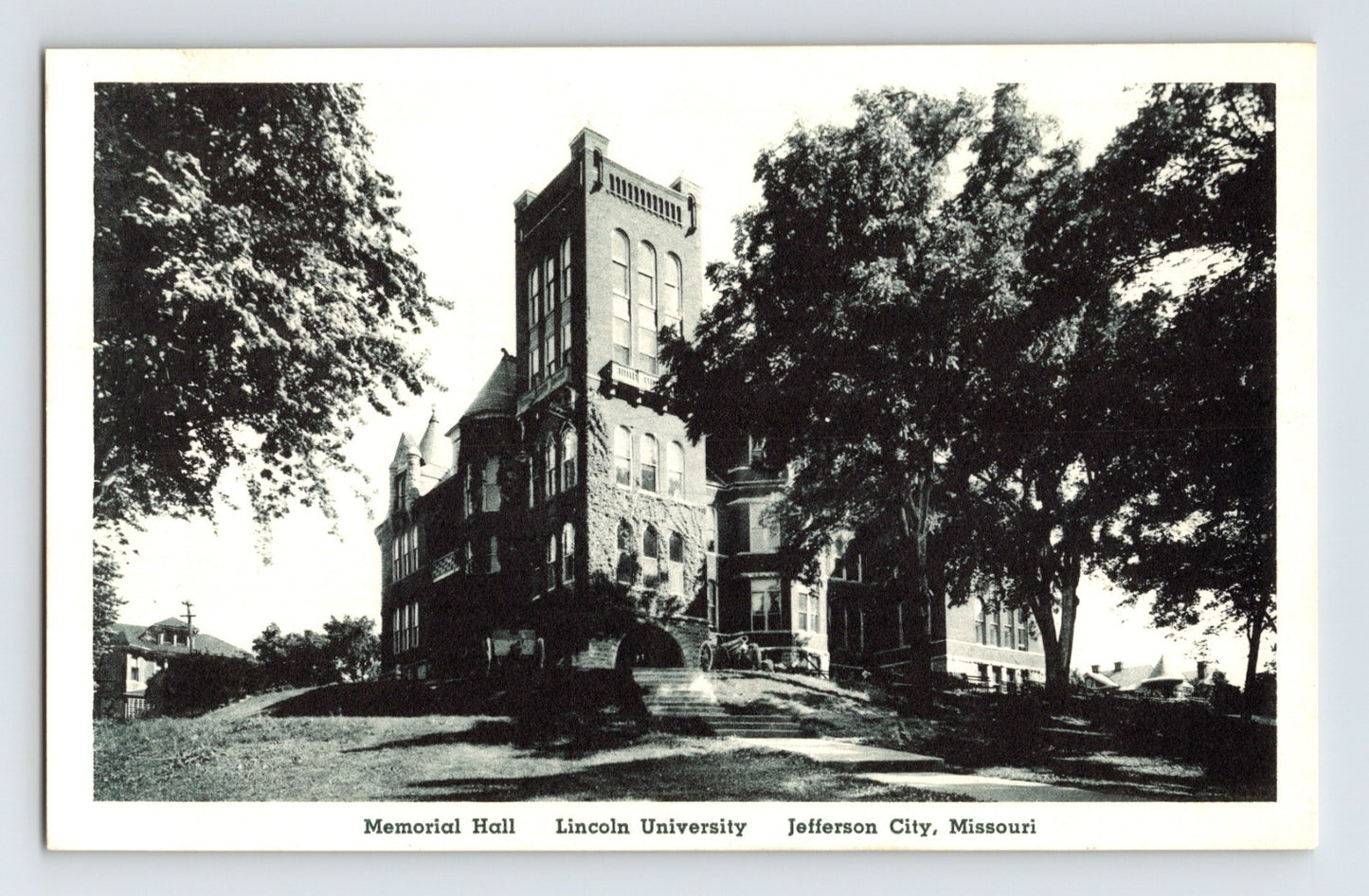 Jefferson City Missouri Lincoln University Memorial Hall 1930s postcard showing large brick academic building with tower and trees on campus