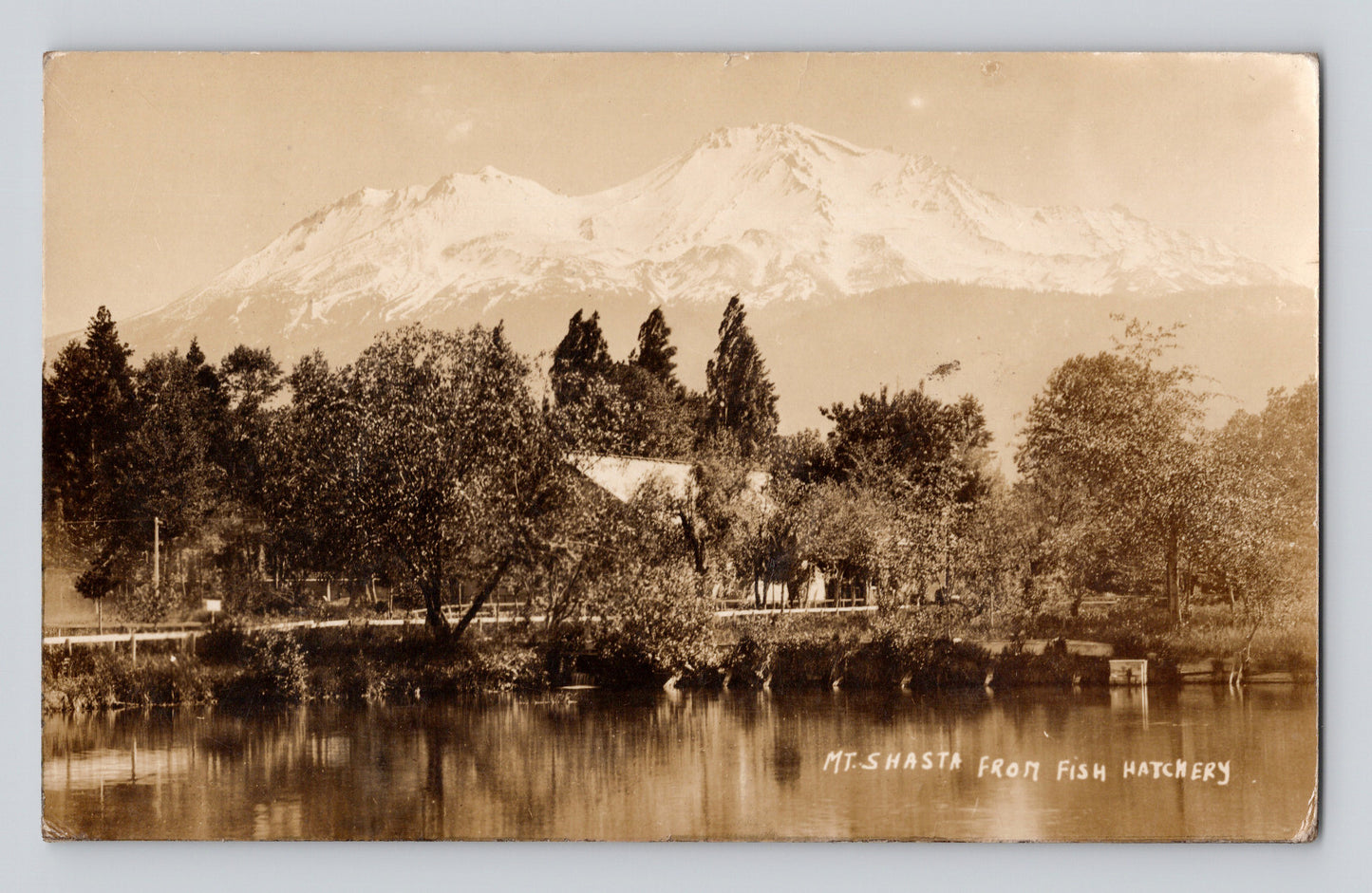 Mount Shasta California fish hatchery 1924 RPPC postcard with snow covered mountain and reflected water foreground