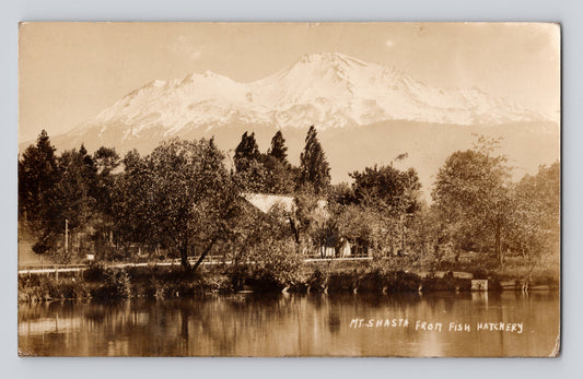 Mount Shasta California fish hatchery 1924 RPPC postcard with snow covered mountain and reflected water foreground